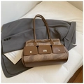 Brown textured large capacity commuter shoulder bag with multi-pocket and silver buckles - Brown No Pendant