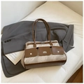 Brown leather and grey canvas patchwork tote bag with front pockets and metal turn-lock detail - Khaki (No Pendant)