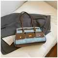Light blue washed tote bag with brown leather trim and multi-pocket design - Blue Without Charm