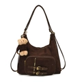Detalle del bolso tote de ante marrón oscuro con cremalleras doradas y oso de peluche - Con Colgante / Café