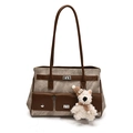 Vintage patchwork canvas tote bag in grey with brown leather trim and bear charm - With Pendant / Khaki