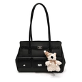 Minimalist black tote bag with multi-pocket design and a cute white teddy bear charm - With Pendant / Black