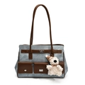 Retro canvas tote bag in light blue with brown leather straps and a plush bear pendant - With Pendant / Blue