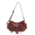 Y2K style wine red glossy shoulder bag with silver zippers and rivet details - Red