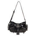 Chic black shiny Y2K motorcycle shoulder bag with rivets and silver hardware accents - Black