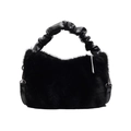Sac à main chic en fausse fourrure noire avec poignées plissées et détails argentés - Noir