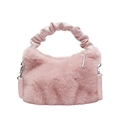 Sac à main chic en fausse fourrure rose avec poignée en cuir plissé et détails argent - Rose