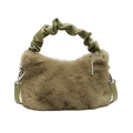 Sac à main en peluche vert olive avec poignée plissée en cuir et bandoulière amovible - Vert