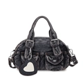 Retro black denim bowling bag with cargo pockets and heart mirror charm for women - With Mirror / Black