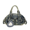 Vintage wash denim handbag with heart mirror charm and multiple pockets in Y2K style - With Mirror / Blue