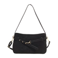 Retro black faux suede shoulder bag with decorative belt buckle and gold metal hardware - Black