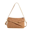 Vintage tan faux suede shoulder bag with matte texture and gold buckle accents - Khaki
