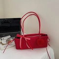 Red suede shoulder bag with plush pompom, checkered bow, and double long handles - Red with Pendant