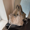 Grey vintage distressed leather tote bag with metal rivets and detachable shoulder strap - Khaki