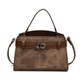 Vintage brown leather handbag with textured marble finish and silver metal buckle details - One Size / Dark Brown