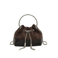 Sac seau chic en daim marron et cuir noir avec chaîne argentée et poignée ronde - Marron
