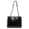 Black casual quilted tote bag with double metal chain straps and V-shaped stitching detail - Black