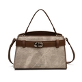 Caramel leather and beige fabric handbag with silver metal buckle and top handle - One Size / Khaki