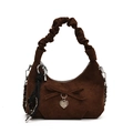 Dark brown suede crescent bag featuring a decorative bow and heart pendant detail - Brown