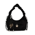 Borsa a mezzaluna in pelle scamosciata nera con grande fiocco, cuore e manico arricciato - Nero