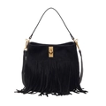 Chic black faux suede bucket bag with bohemian fringe and gold metal twist lock - Black