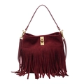 Deep burgundy faux suede bucket bag featuring long fringe tassels and golden twist lock clasp - Red