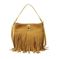 Mustard yellow suede crossbody bag featuring long fringes and a golden twist-lock buckle - Yellow