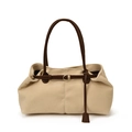 Retro beige corduroy tote bag with brown faux leather straps and golden D-ring buckle - Off White