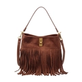 Brown faux suede fringe tote bag with gold turn-lock and adjustable shoulder strap - Brown