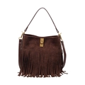 Dark brown suede bucket bag with long tassels and gold turn-lock closure in bohemian style - Brown