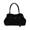 Minimalist black tote bag featuring vertical pleats and elegant gold metal buckle detail - Black