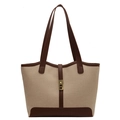 Borsa tote in tela beige con finiture in pelle marrone e dettaglio chiusura in oro - Marrone