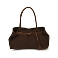 Brown corduroy tote bag with leather handles and gold buckle detail on white background - Coffee