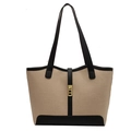Grande borsa tote in tela beige con finiture in pelle nera e fibbia in metallo dorato - Nero