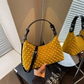 Yellow pearl-embellished hobo bag with adjustable black leather strap and suede finish - Yellow