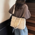 Sac cabas en velours côtelé beige à poches multiples avec bandoulière large décontracté - Blanc Cassé