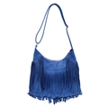 Borsa hobo blu scuro in pelle scamosciata con frange e tracolla regolabile in metallo - Blu