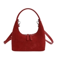 Detail of red suede leather shoulder bag with smooth straps and silver metal zippers - Red