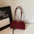 Retro burgundy frosted shoulder bag with long dual straps and golden zipper details - Wine Red With Pendant