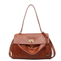 Caramel brown vintage leather tote bag with gold metal twist lock and shoulder strap - Large Size Brown