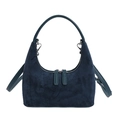 Dark blue suede half-moon handbag with dual zippers and adjustable shoulder strap - Blue