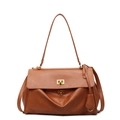 Soft warm brown faux leather tote bag with elegant gold square twist lock closure - Large Yellow Brown