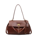 Classic vintage brown leather tote bag with a golden metal twist lock and shoulder strap - Large Coffee