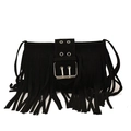 Vintage black faux suede fringe underarm bag with large silver buckle detail and grommets - Black