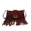 Burgundy suede fringe crossbody bag for women, retro shoulder bag with metal buckle design. - Burgundy