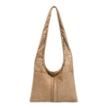Bolso de hombro retro de ante marrón con remaches plateados y bolsillos frontales - Caqui Oscuro