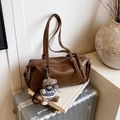 Retro dark brown boston bag with textured faux leather and a cute teddy bear charm - Brown with Pendant