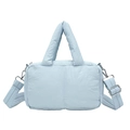 Light blue quilted puffer tote bag with soft padded handles and adjustable strap - Sky Blue