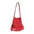 Sac seau rouge en daim avec franges et doubles bretelles style bohème chic pour femme - Rouge