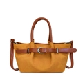 Elegante borsa a mano gialla in pelle scamosciata con manici marroni e tracolla - Giallo